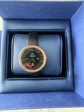 Swarovski Rose Gold Case Black Dial Crystal Accent Strap Watch